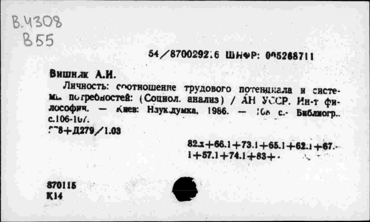 ﻿в.мгог
54/870029216 ШИФР: 0*5268711
Вишнлк А.И.
Личность: соотношение трудового потенциала и система потребностей: (Социол. анализ) / АН УССР Ин-т фи-~ КВеВ: Нзукду““- 19Ь6 ~ :Сл Библмогр..
Г8+Д279/1.03
82л+65.»4-73.1 +65.1 +62.» +67.-1+67.1+74.1+83+•
870115 КМ